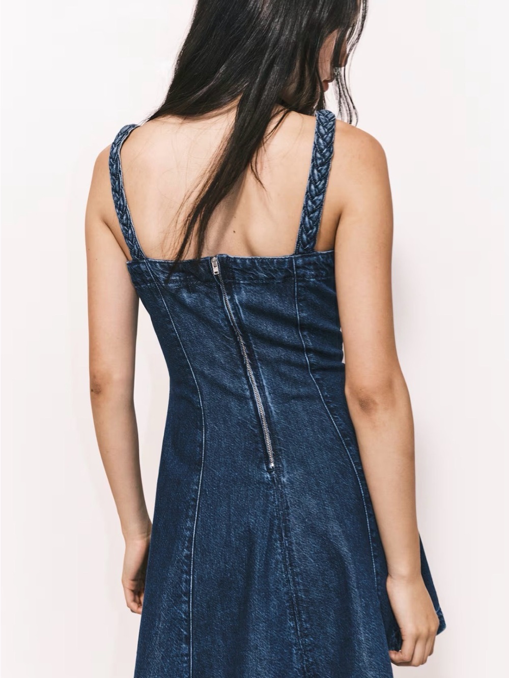 H&M Denim Blue Flared Mini Dress With braided straps Jean - Picture 3 of 8